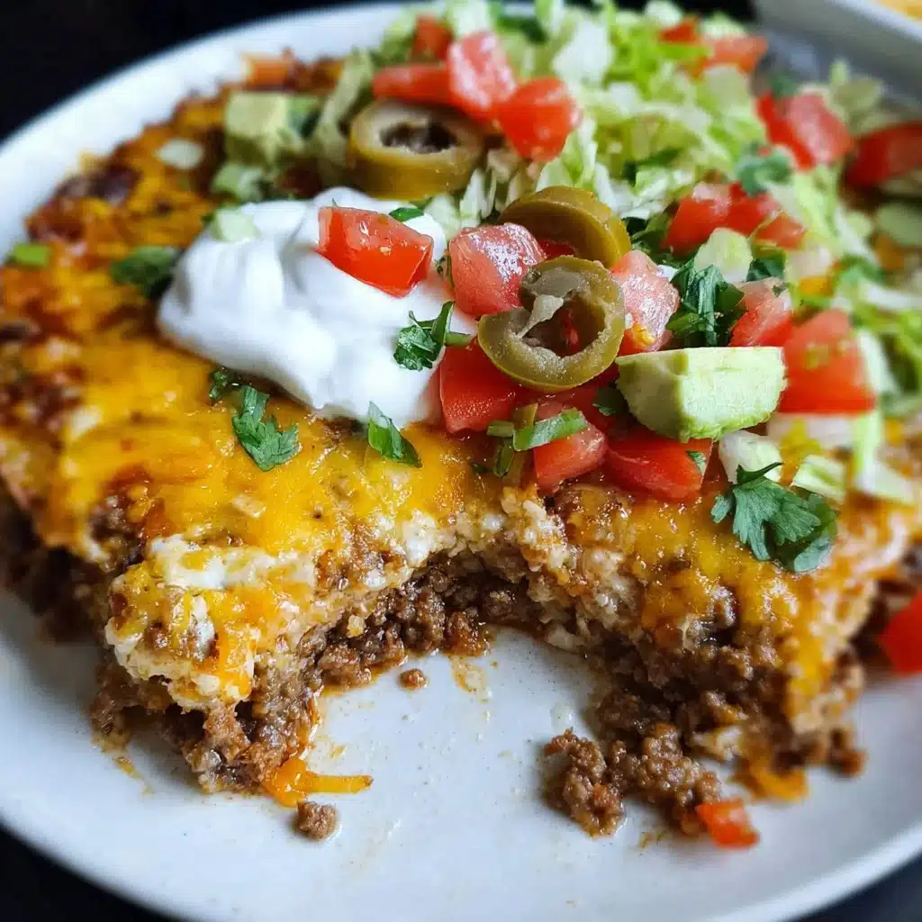 Low Carb Taco Casserole in a baking dish topped with cheese and avocado