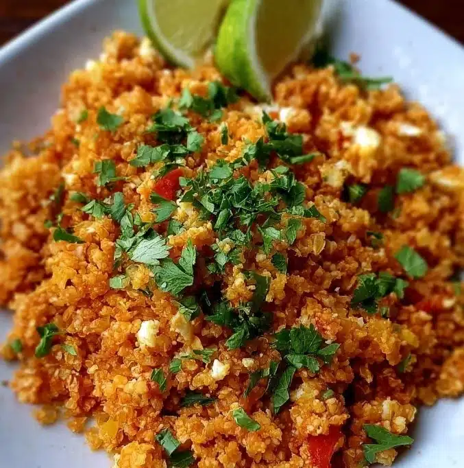 Bowl of flavorful Mexican cauliflower rice garnished with fresh cilantro and lime