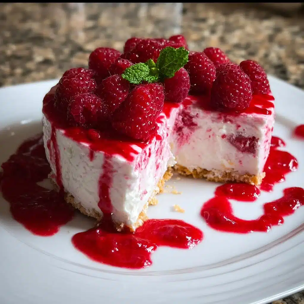Delicious No Bake Raspberry Cheesecake topped with fresh raspberries.