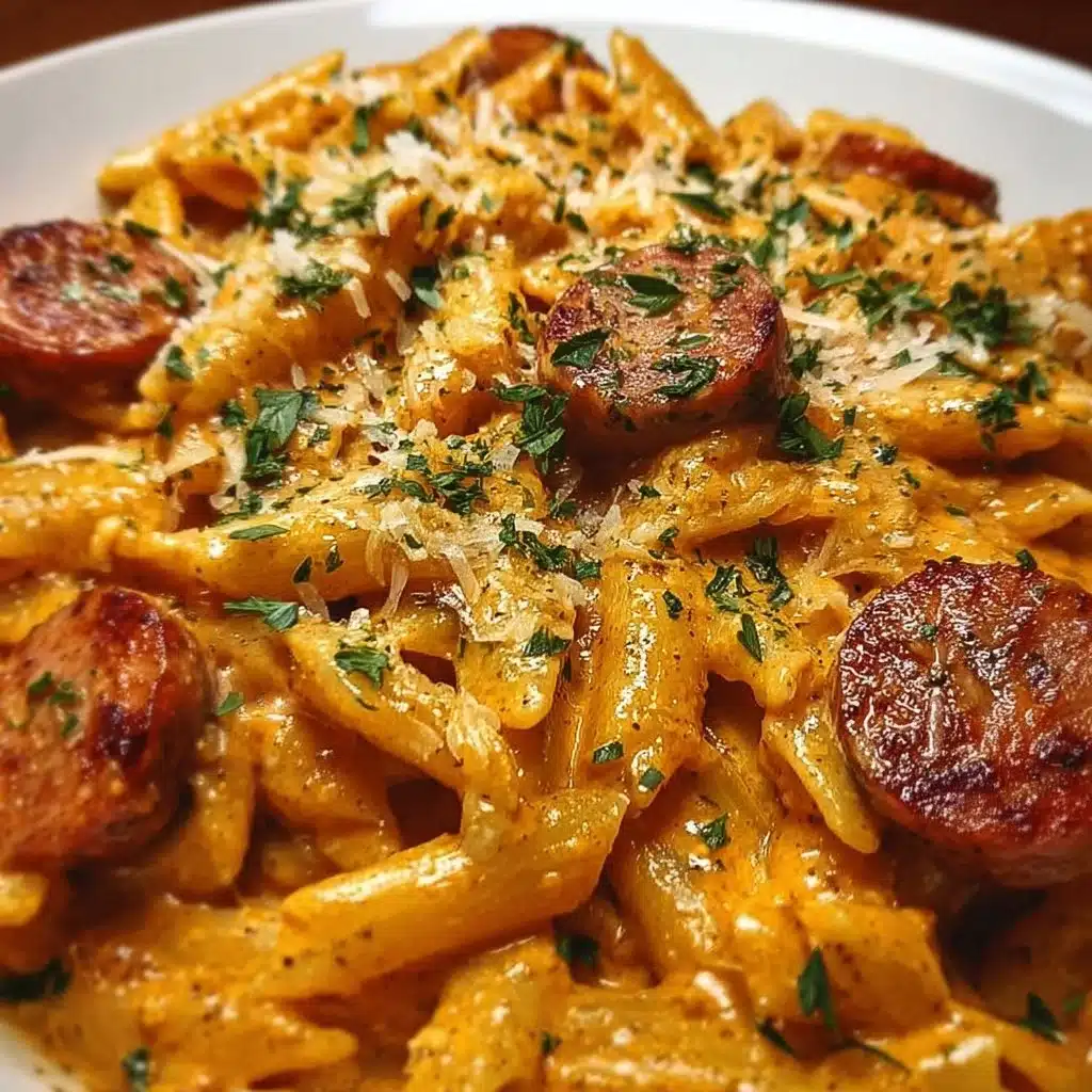 One-Pot Creamy Spicy Cajun Sausage Pasta served in a bowl with herbs