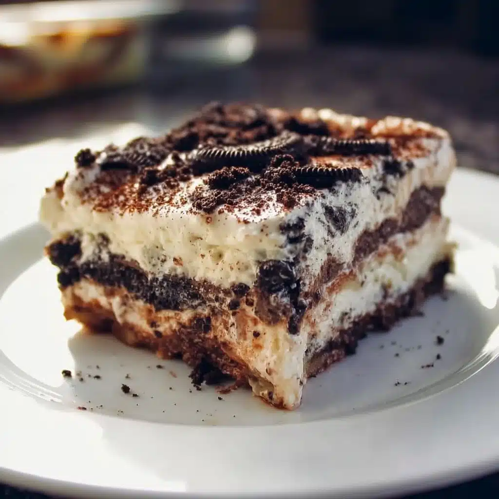 Delicious Oreo Lasagna dessert with layers of cookies and cream
