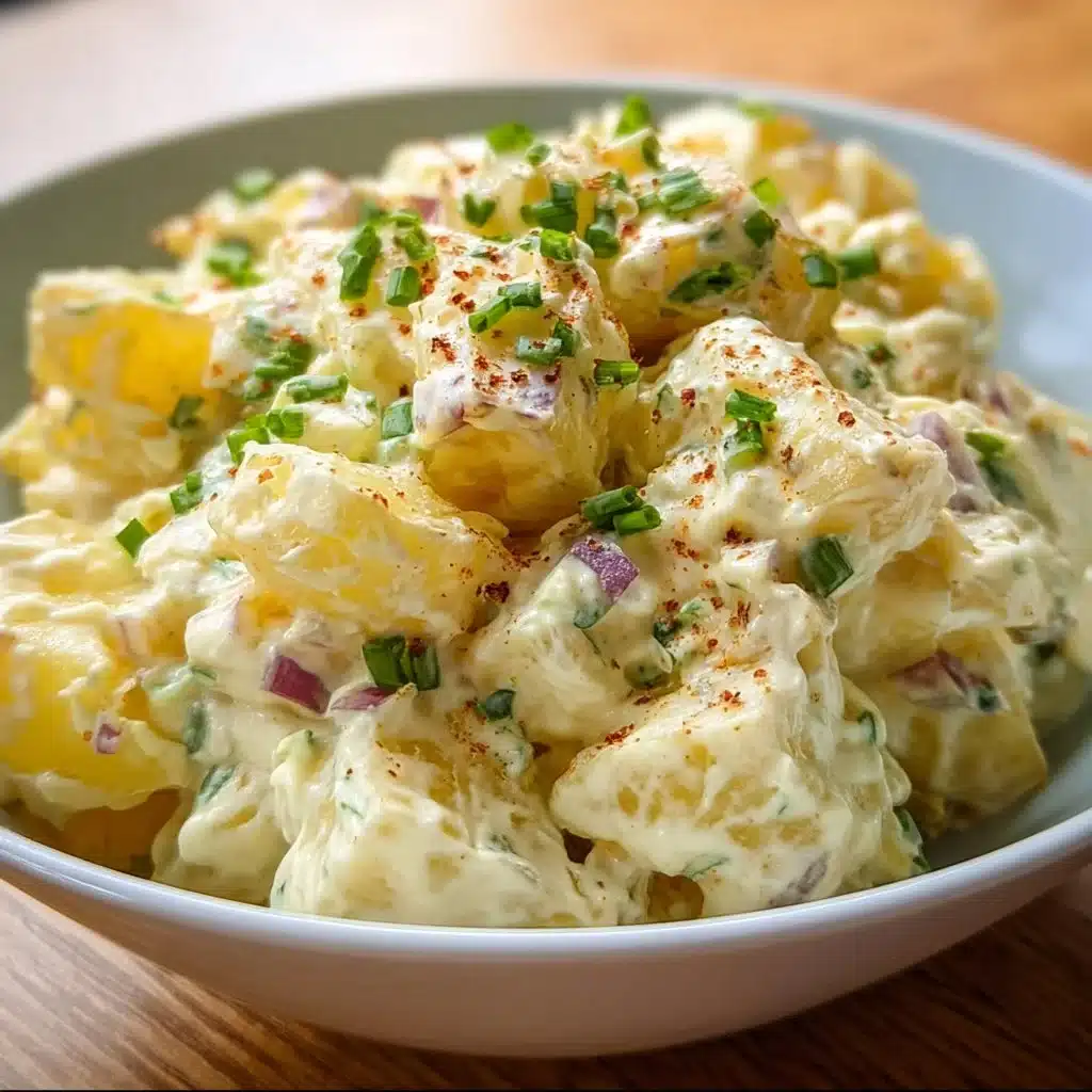 Delicious homemade potato salad in a bowl, garnished with herbs.