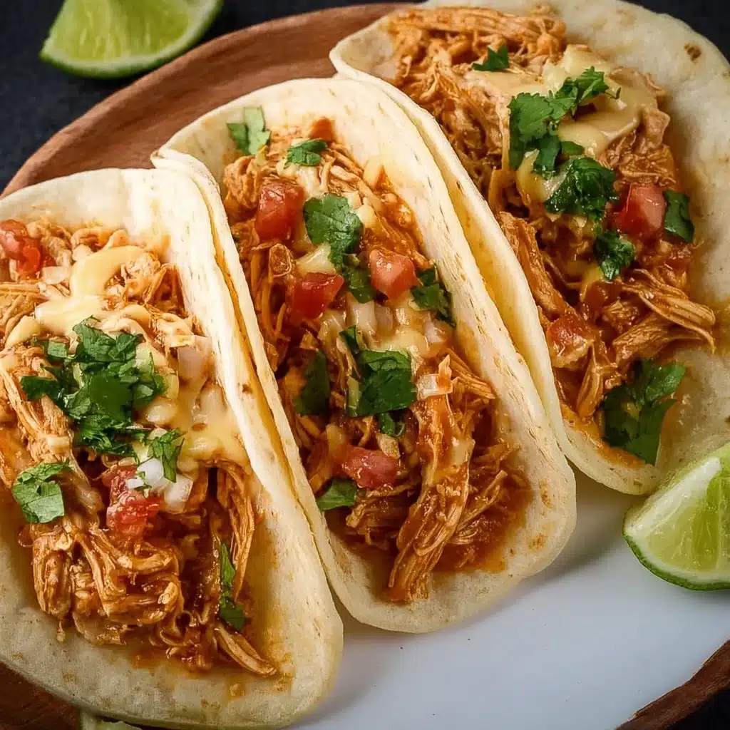 Delicious slow cooker chicken tacos garnished with fresh toppings