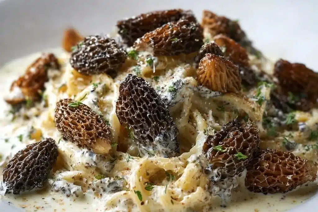 Delicious spring morel mushroom cream sauce served over pasta.