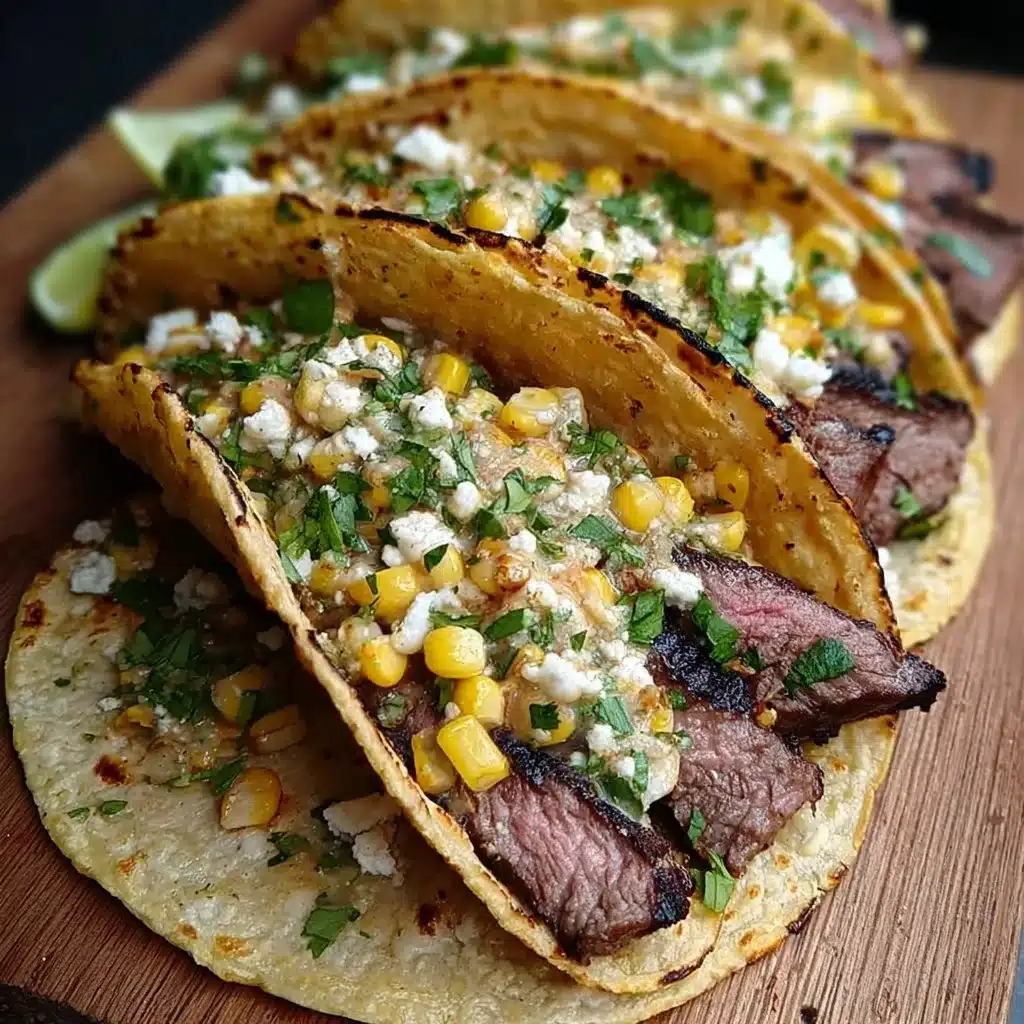 Delicious Steak Elote Tacos topped with fresh ingredients and served on a plate