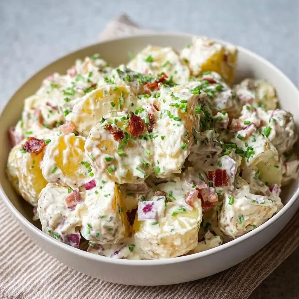 Delicious steakhouse potato salad served in a bowl, topped with herbs.