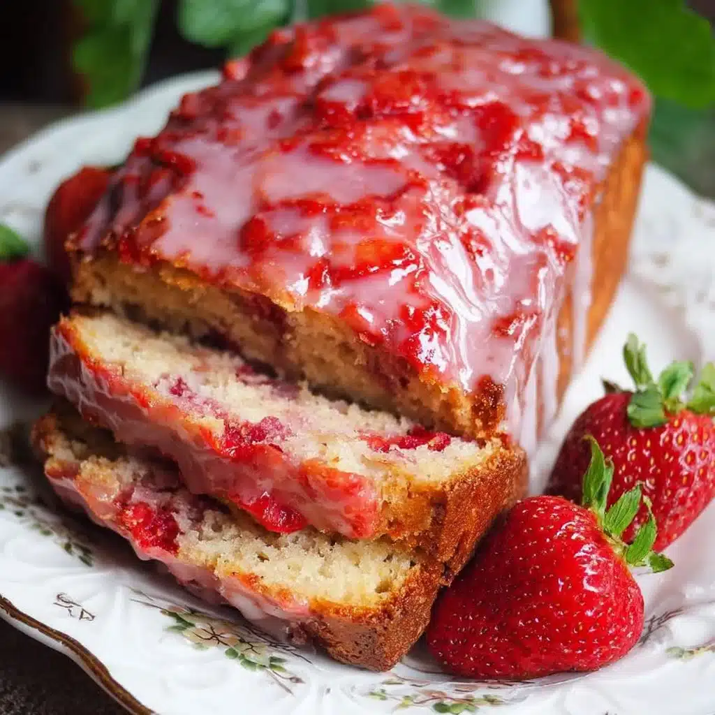Sliced strawberry bread with a glossy strawberry glaze on top