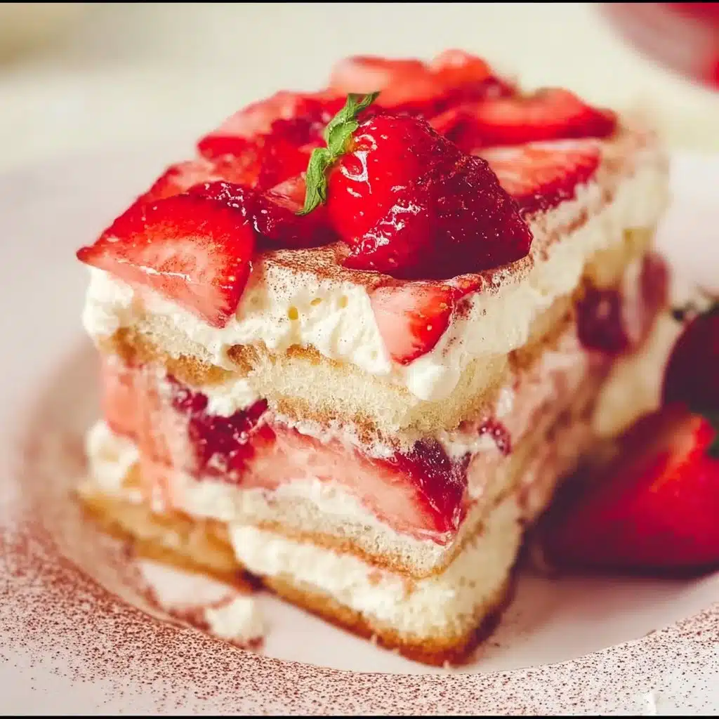 Delicious strawberry tiramisu dessert layered with fresh strawberries and creamy filling