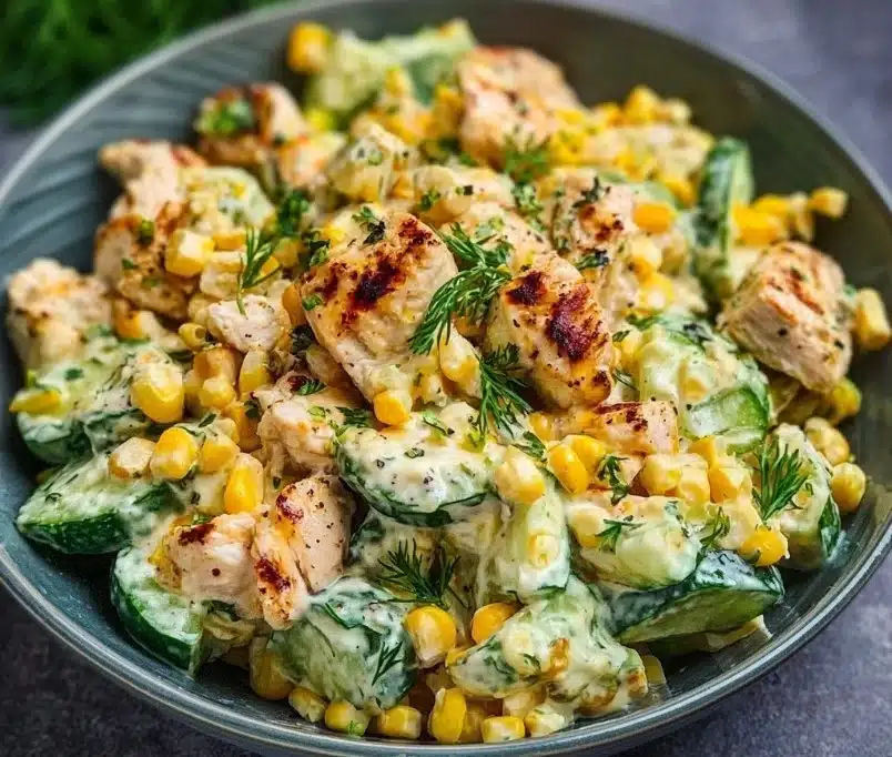 Delicious Street Corn Creamy Cucumber Chicken Salad in a bowl