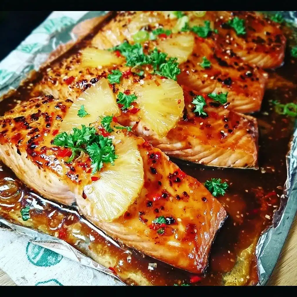 Delicious sweet and spicy pineapple salmon dish served on a plate.