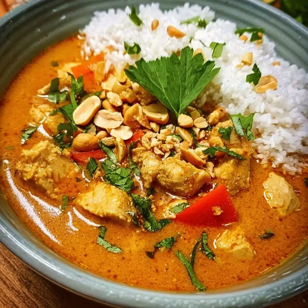 Delicious homemade Thai Peanut Curry served in a bowl with fresh vegetables.