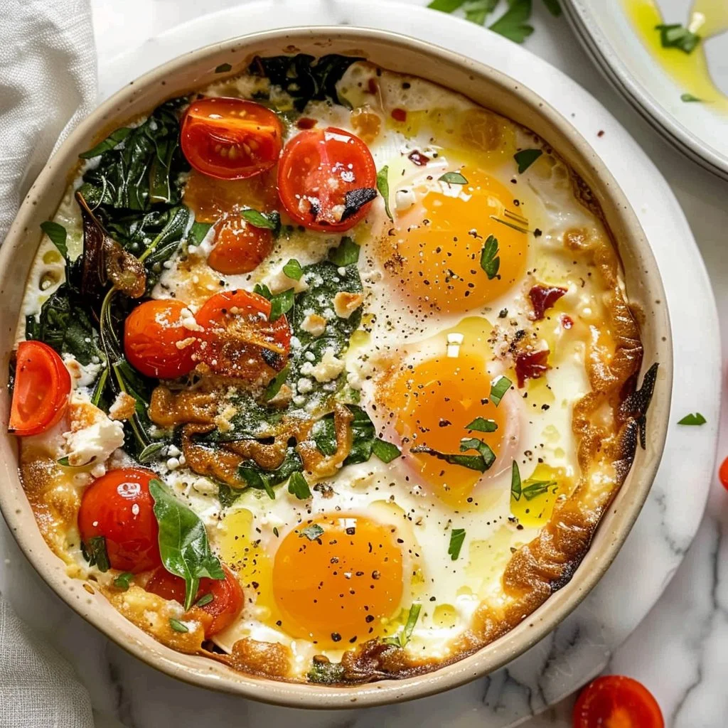Baked feta eggs topped with tomatoes and spinach in a dish