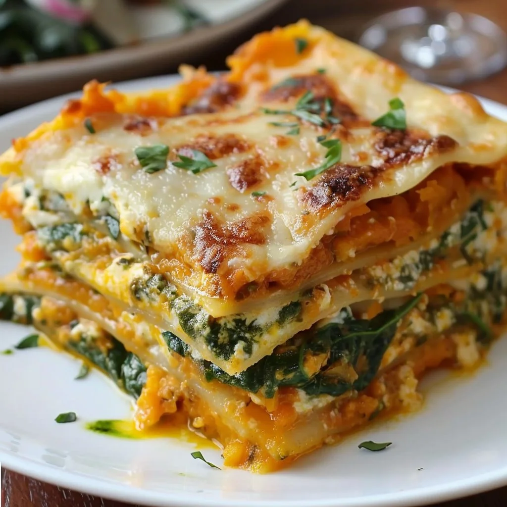 Delicious butternut squash and spinach lasagna baked to perfection.