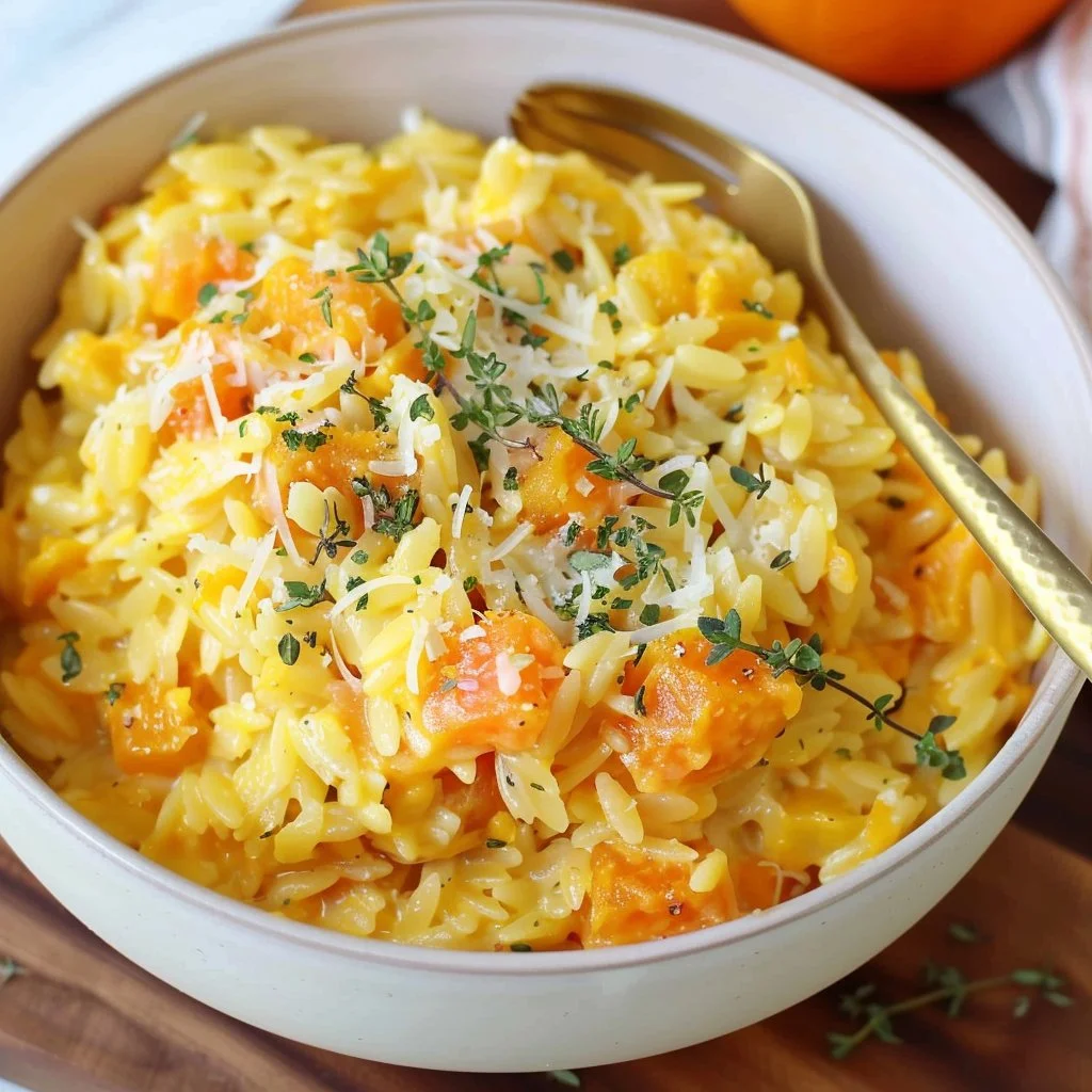 Delicious Cheesy Butternut Squash Orzo in a bowl garnished with herbs