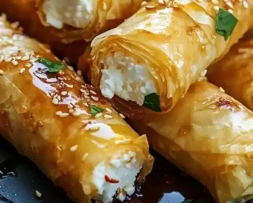 Oven-fried Chili Honey Feta Rolls garnished with chili flakes and honey drizzle