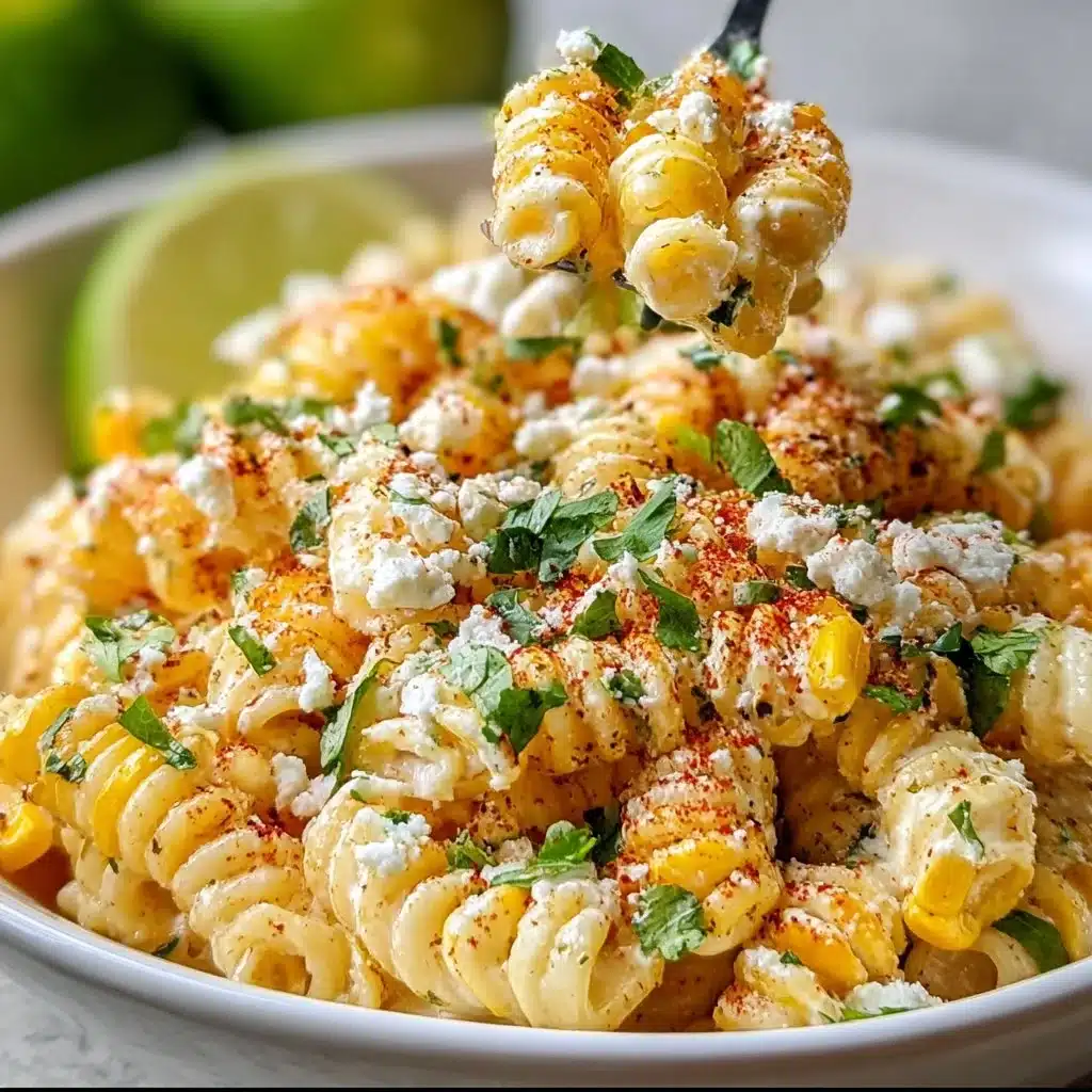 Bowl of classic elote pasta salad with corn, cheese, and spices