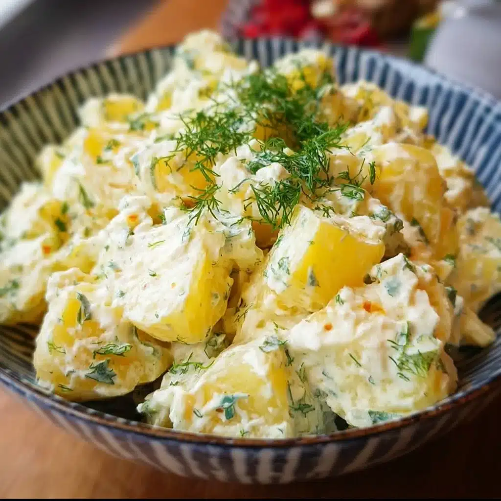 Classic potato salad served in a bowl with fresh ingredients and garnishes