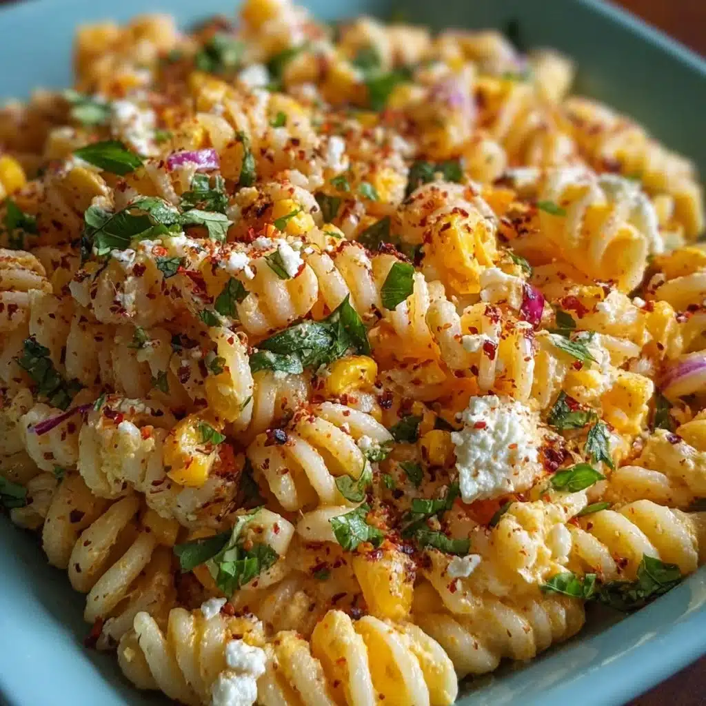 Colorful bowl of Cotija Mexican Style Elote Pasta Salad with corn, pasta, and toppings.