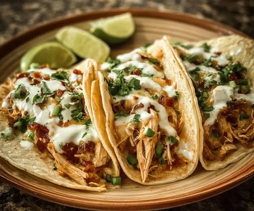Delicious Crack Chicken Tacos topped with fresh ingredients
