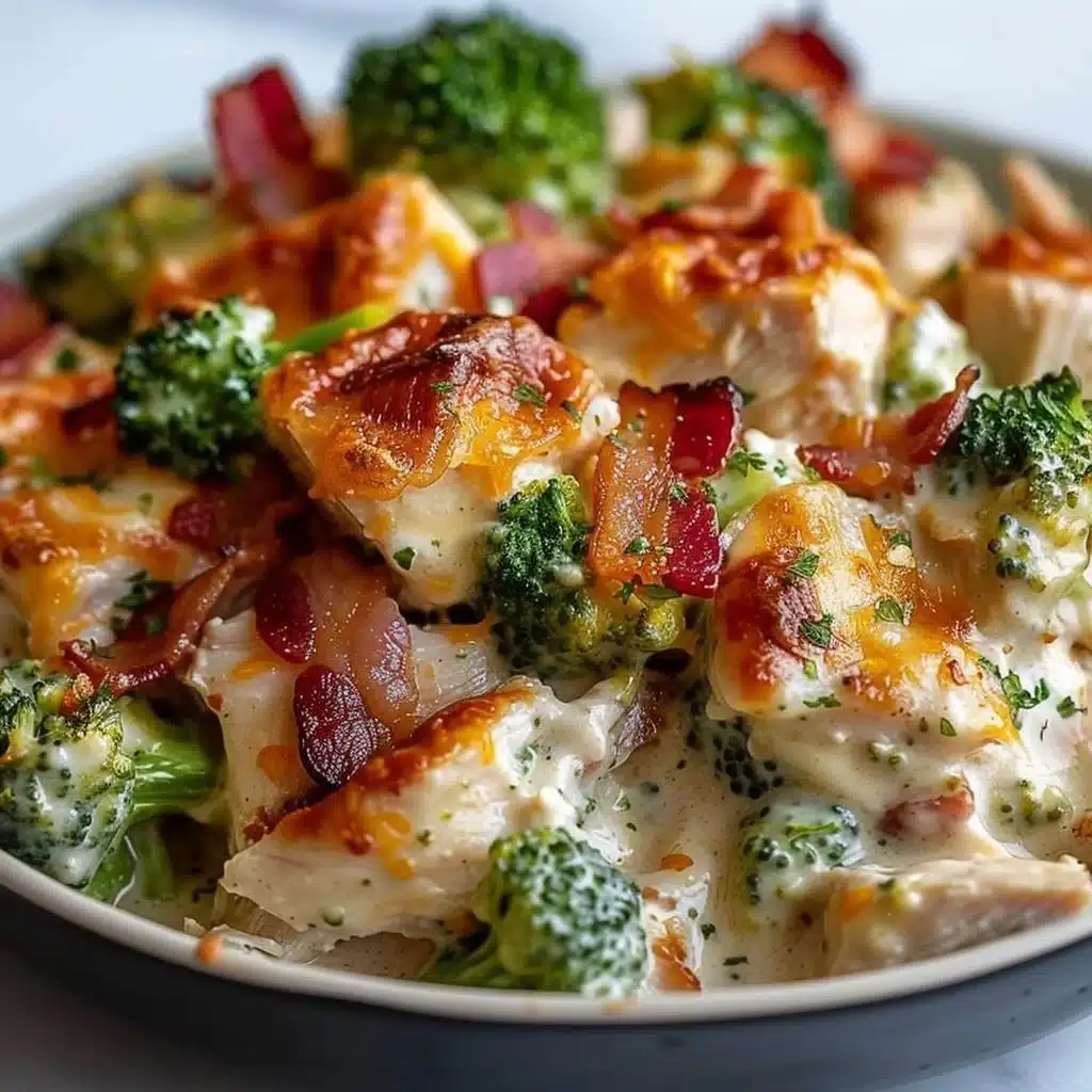 Creamy low-carb chicken casserole with broccoli and bacon in a baking dish.