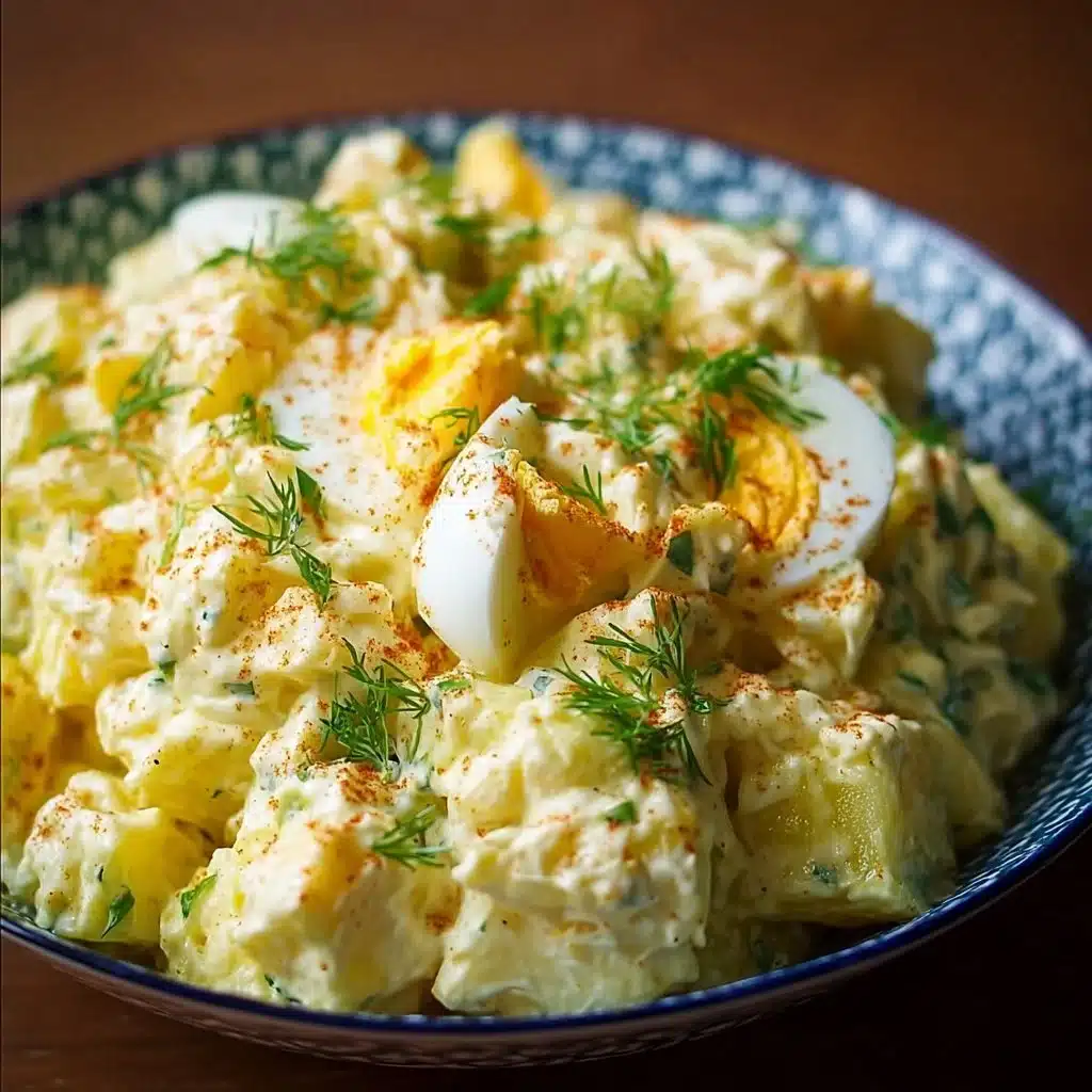 Creamy potato salad with eggs served in a bowl, garnished with herbs.