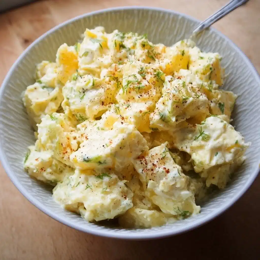 Bowl of easy potato salad recipe with creamy dressing and fresh herbs.