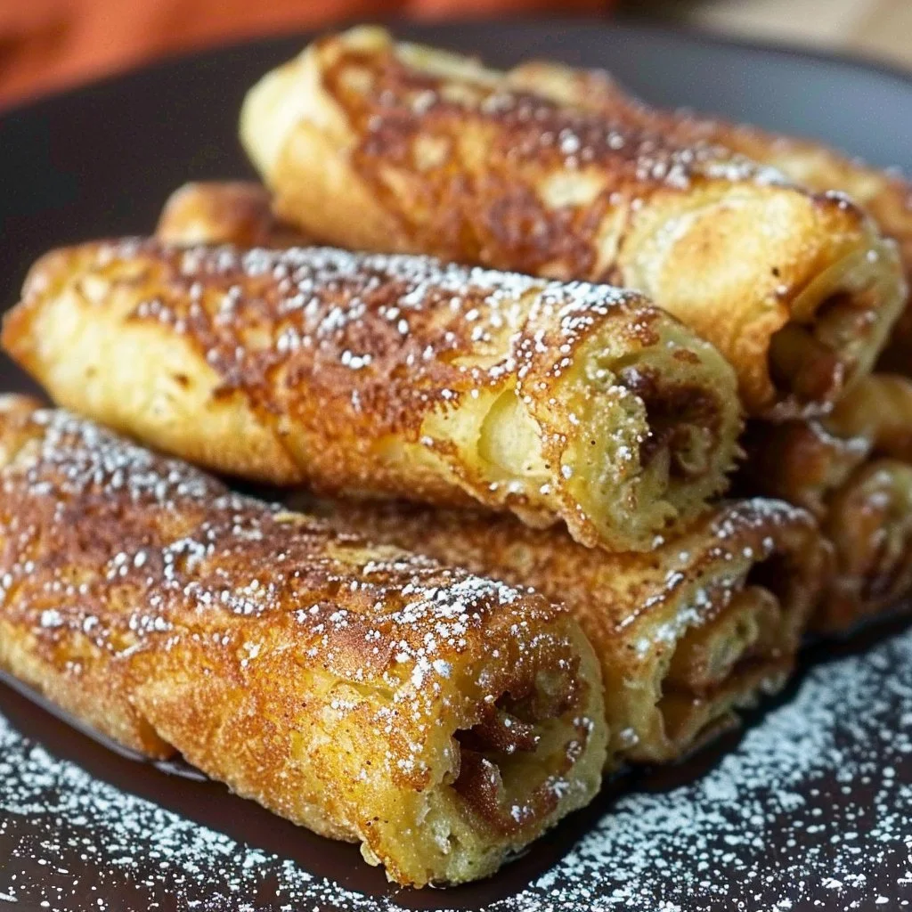 Deliciously prepared French Toast Roll-Ups with syrup and fruit toppings