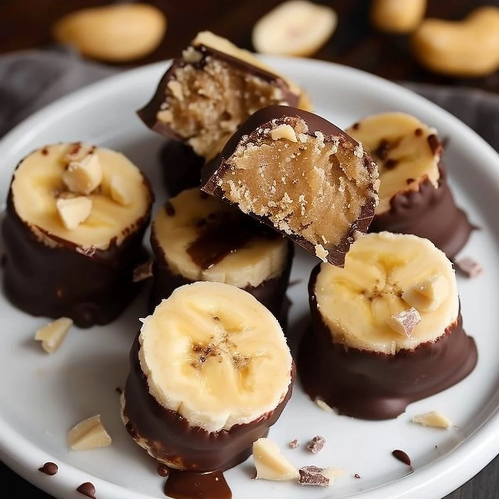 Frozen chocolate-covered peanut butter banana bites on a plate.