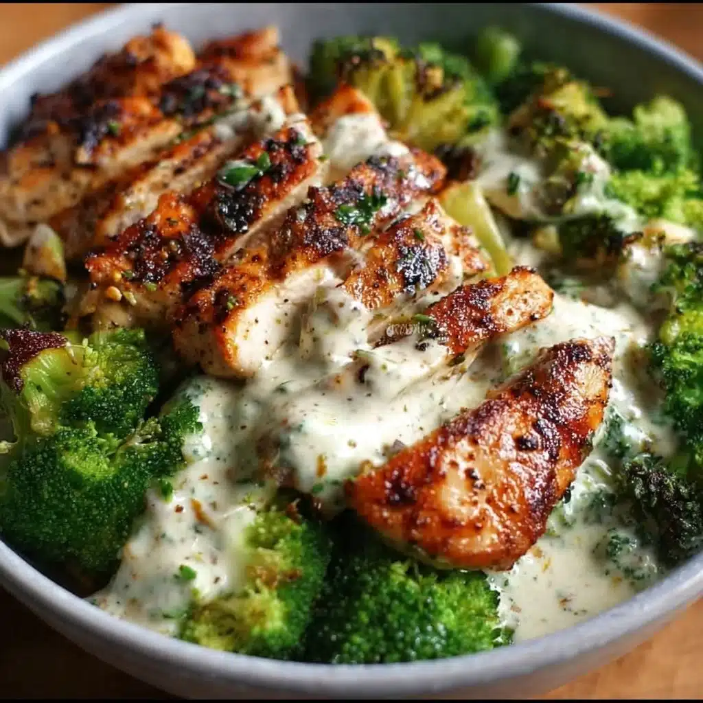 Grilled chicken and broccoli bowl with creamy garlic sauce