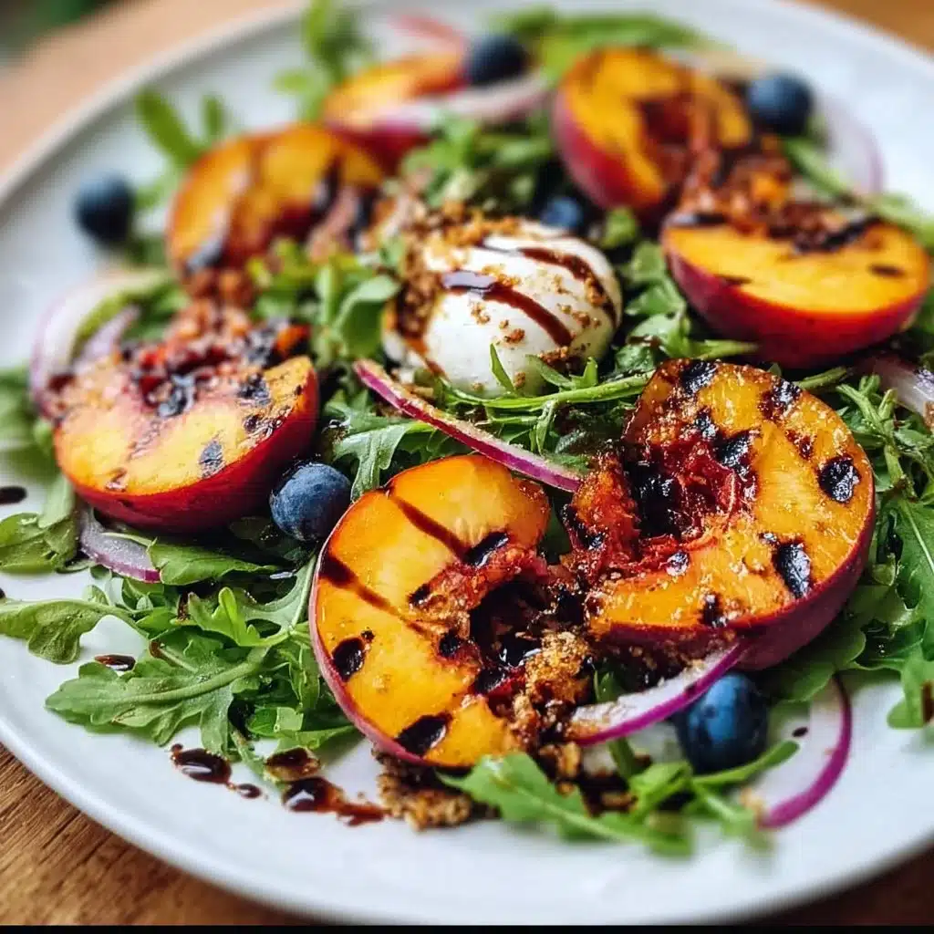 Grilled peach and burrata salad drizzled with balsamic glaze on a white plate