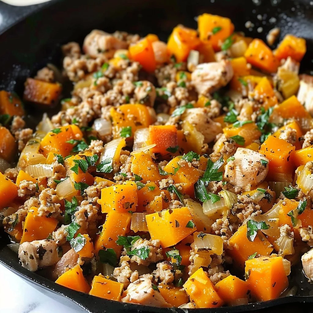 Ground Turkey and Butternut Squash Skillet recipe in a colorful dish.