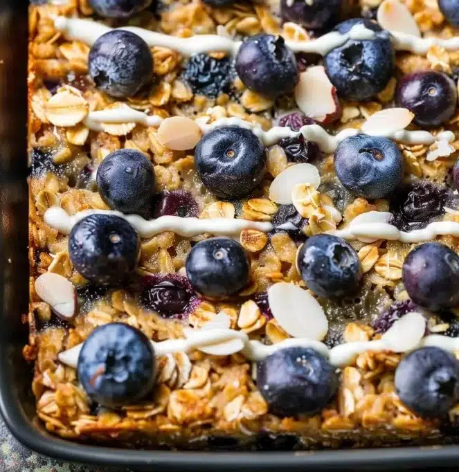 Delicious blueberry baked oatmeal served in a bowl
