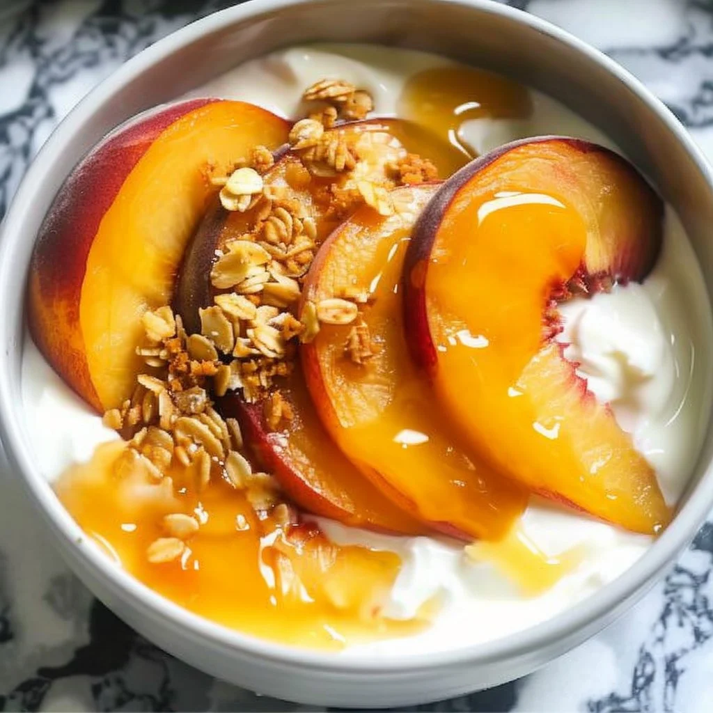 High-protein peach cobbler Greek yogurt bowl topped with fresh peaches and granola