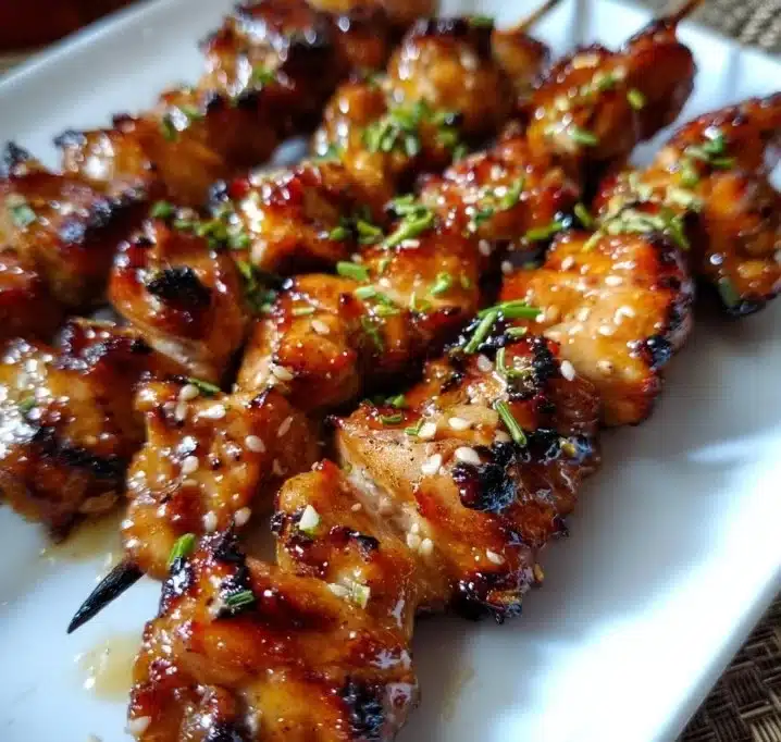Delicious Honey Garlic Chicken Skewers garnished with herbs on a serving plate