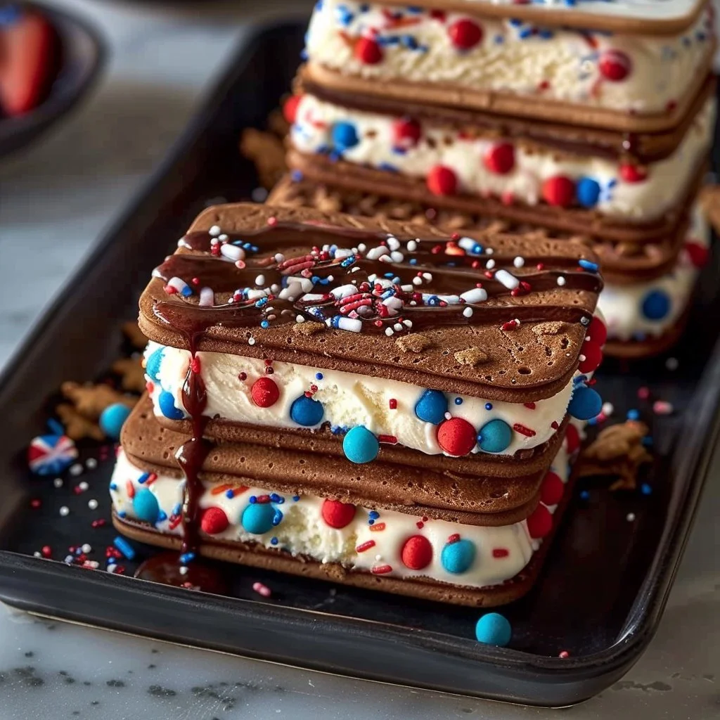 Colorful July 4th ice cream sandwiches with festive decorations