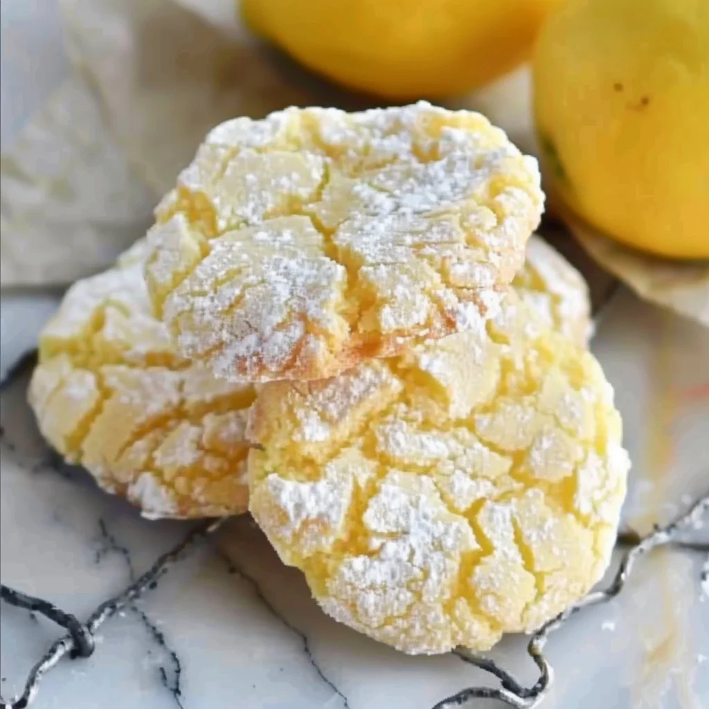 Plate of freshly baked Lemon Crinkle Cookies with powdered sugar