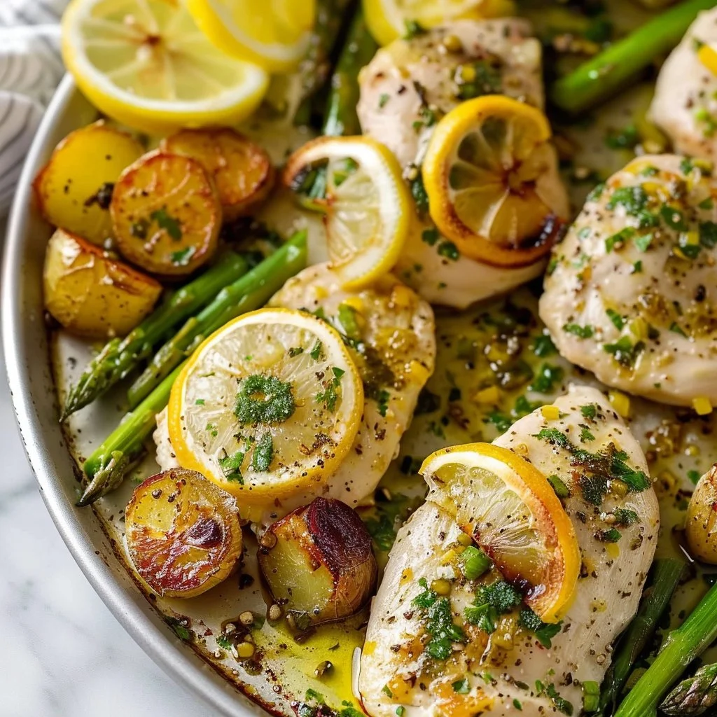 Lemon garlic chicken sheet pan dinner with roasted vegetables