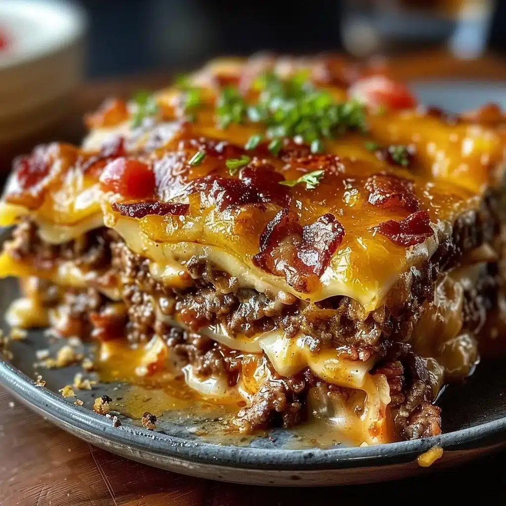 Low-carb bacon cheeseburger casserole topped with cheese and bacon