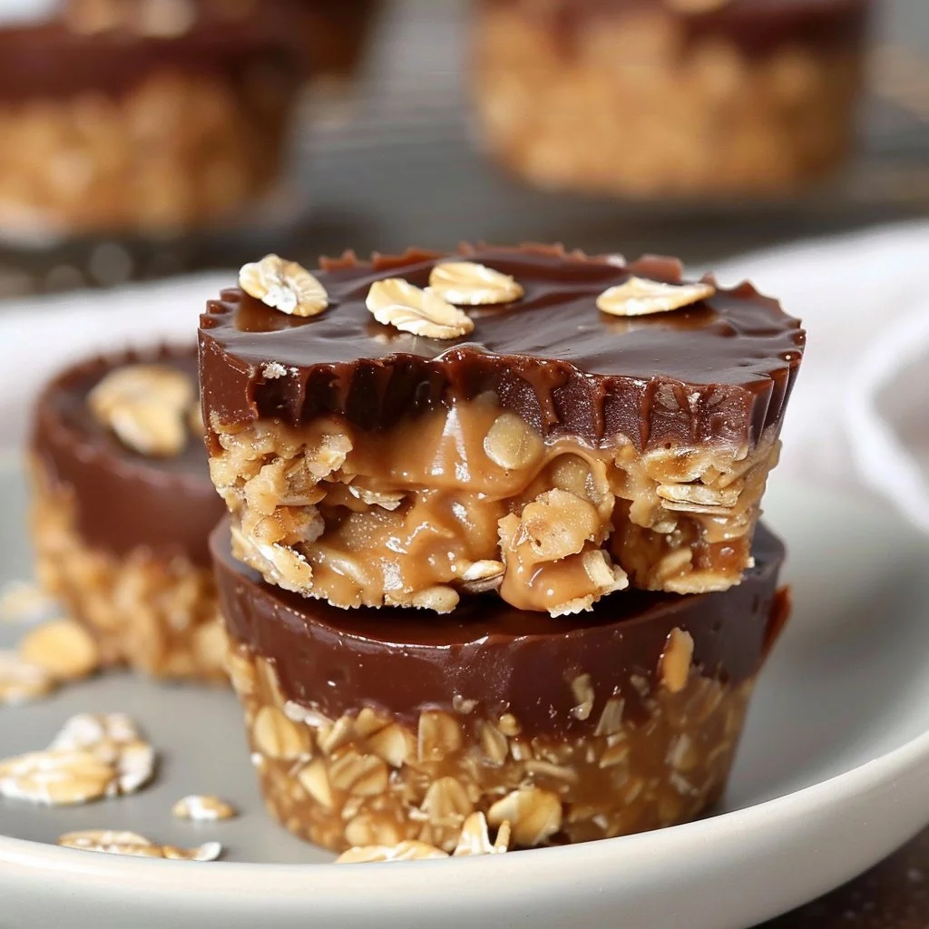 Low-sugar no-bake peanut butter oat cups stacked on a plate