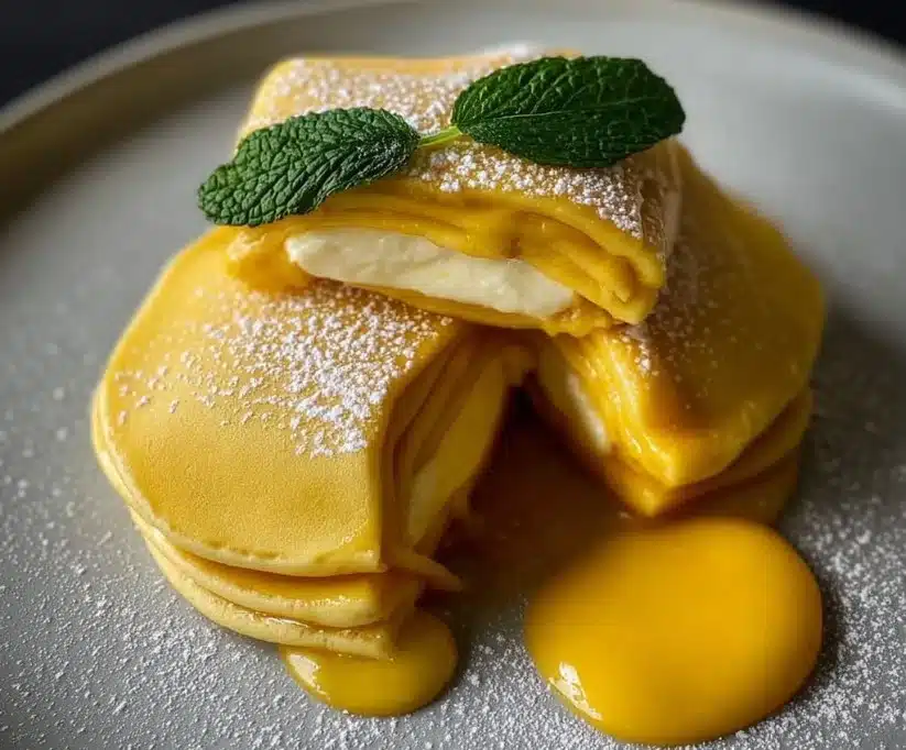 Stack of fluffy mango pancakes topped with fresh slices of mango.