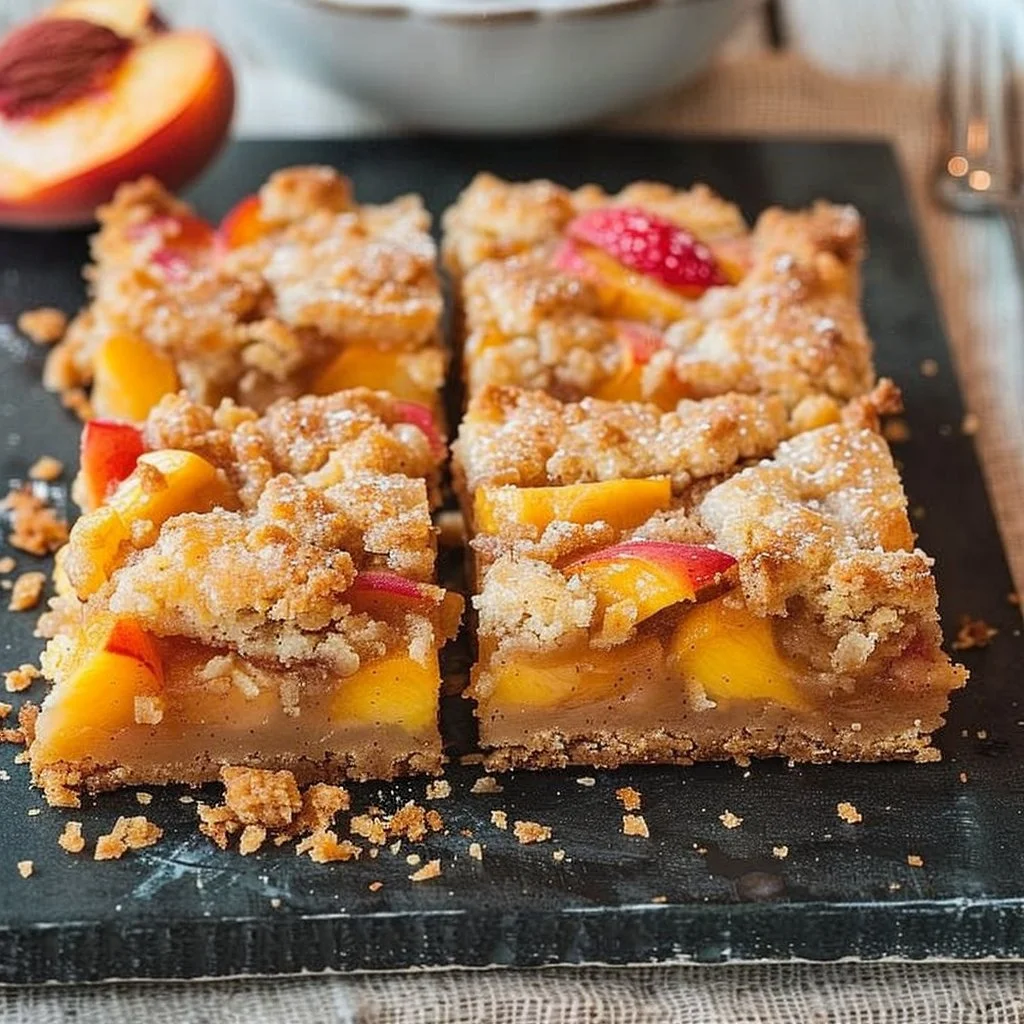 Delicious peach crumb bars fresh out of the oven, topped with a golden crumble.