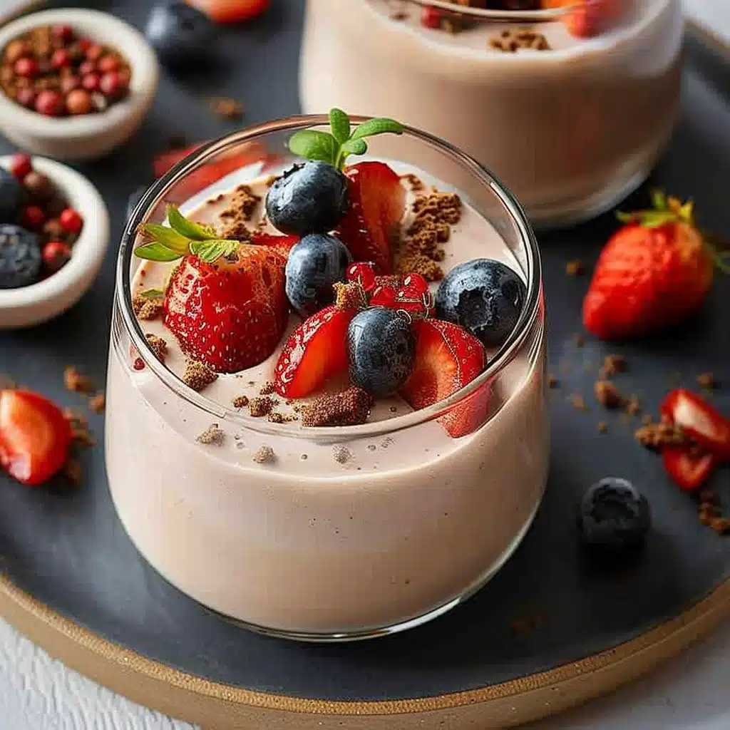 Creamy protein pudding topped with berries in a bowl