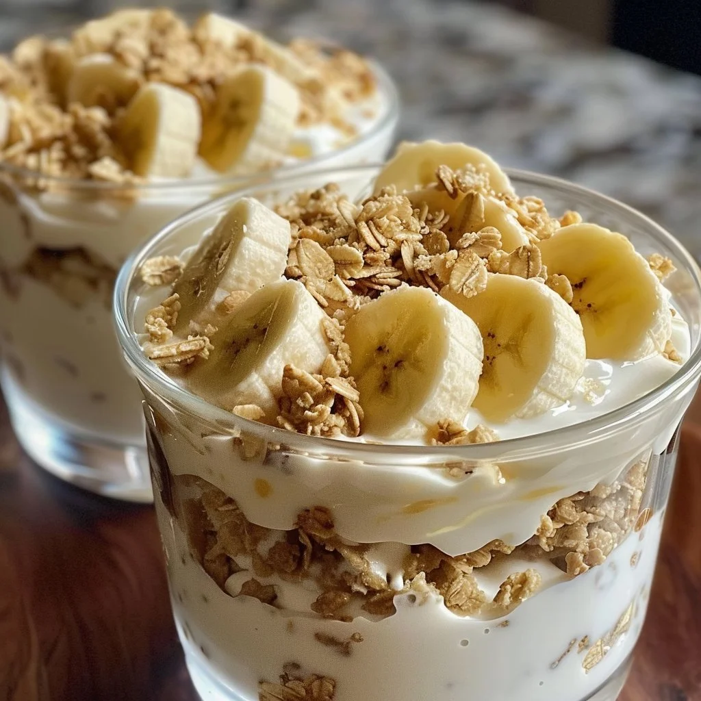 Delicious protein-rich banana pudding yogurt parfait in a glass