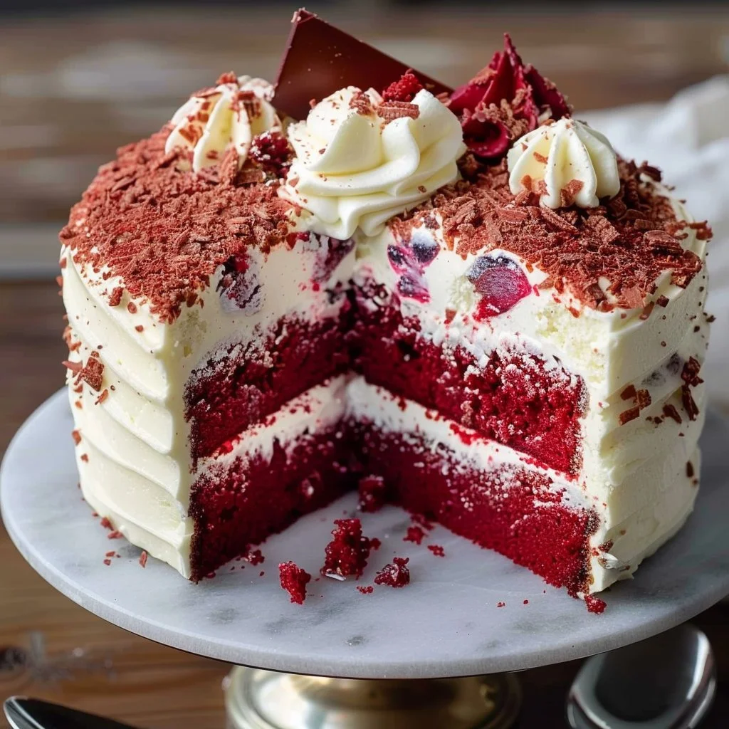 Delicious Red Velvet Cookie Cake topped with cream cheese frosting