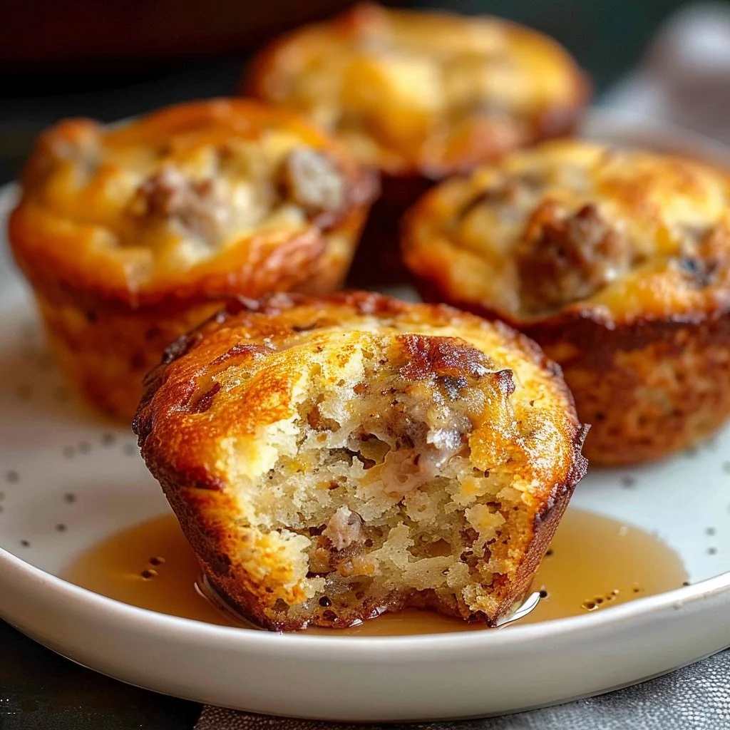 Delicious sausage pancake muffins baked to perfection with syrup drizzle