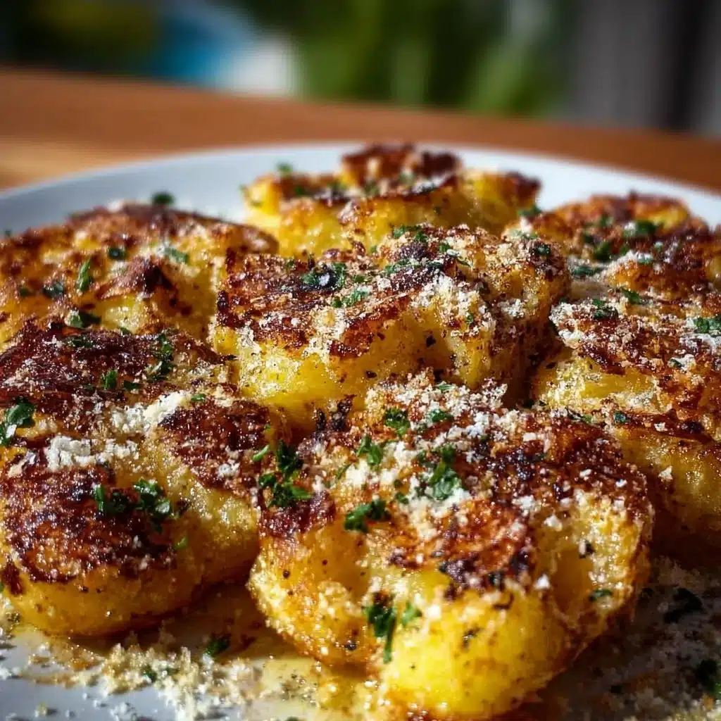 Smashed Parmesan potatoes topped with melted cheese and herbs, served as a side dish.