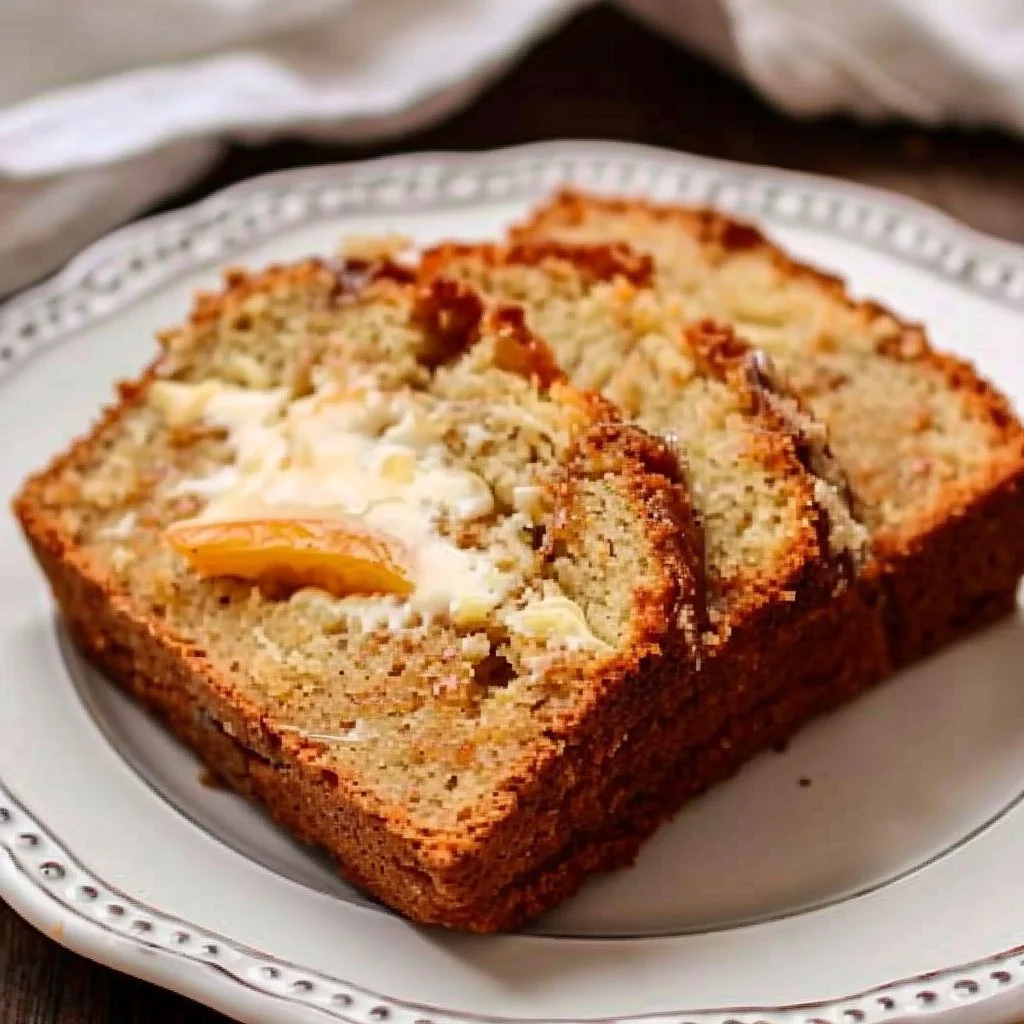 Delicious slice of homemade Southern peach bread with juicy peaches