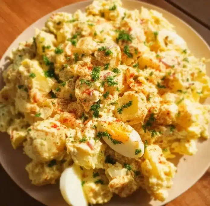 Creamy Southern potato salad served in a bowl with fresh herbs and spices