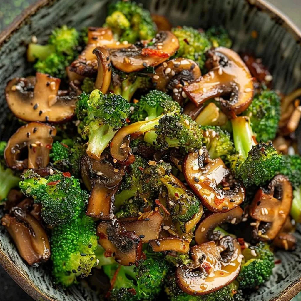 Delicious stir-fried broccoli with shiitake mushrooms served in a bowl