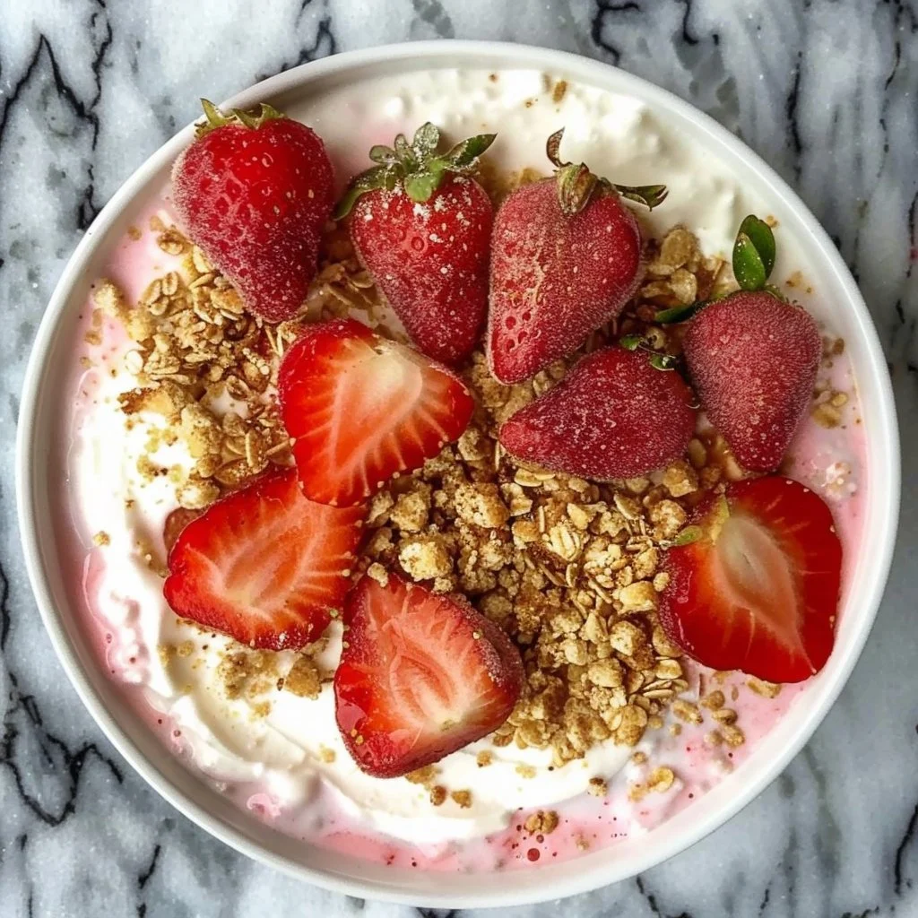 Delicious Strawberry Cheesecake Yogurt Bowl topped with fresh strawberries and granola